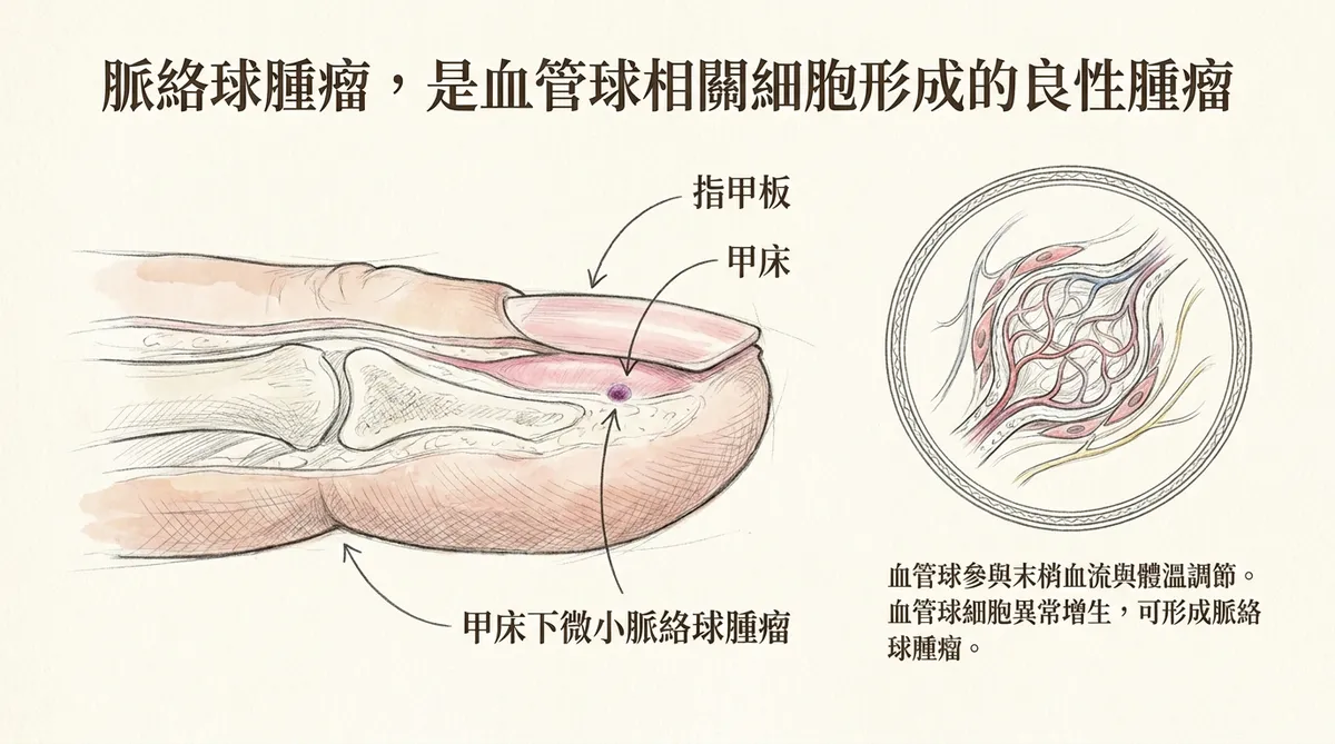 脈絡球腫瘤是血管球相關細胞形成的良性腫瘤:指甲板、甲床與血管球異常增生解剖圖