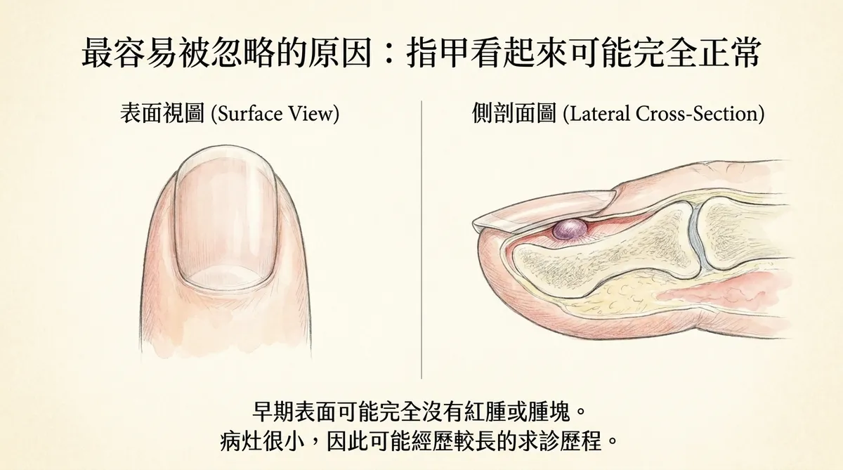 最容易被忽略的原因指甲看起來可能完全正常:表面視圖與側剖面圖對照說明