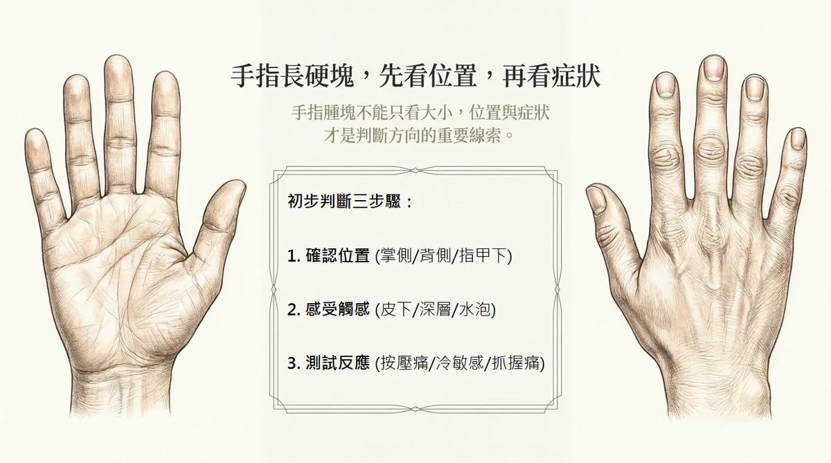 手指長硬塊先看位置再看症狀:確認位置、感受觸感與測試反應初步判斷三步驟總覽圖