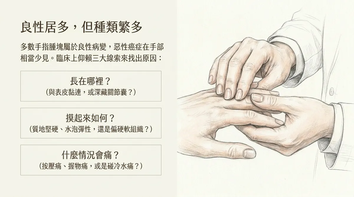 良性居多但種類繁多:長在哪裡、摸起來如何、什麼情況會痛之手部觸診三大線索示意圖