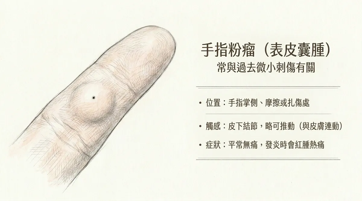 手指粉瘤(表皮囊腫)常與過去微小刺傷有關:手指掌側皮下結節外觀與特徵