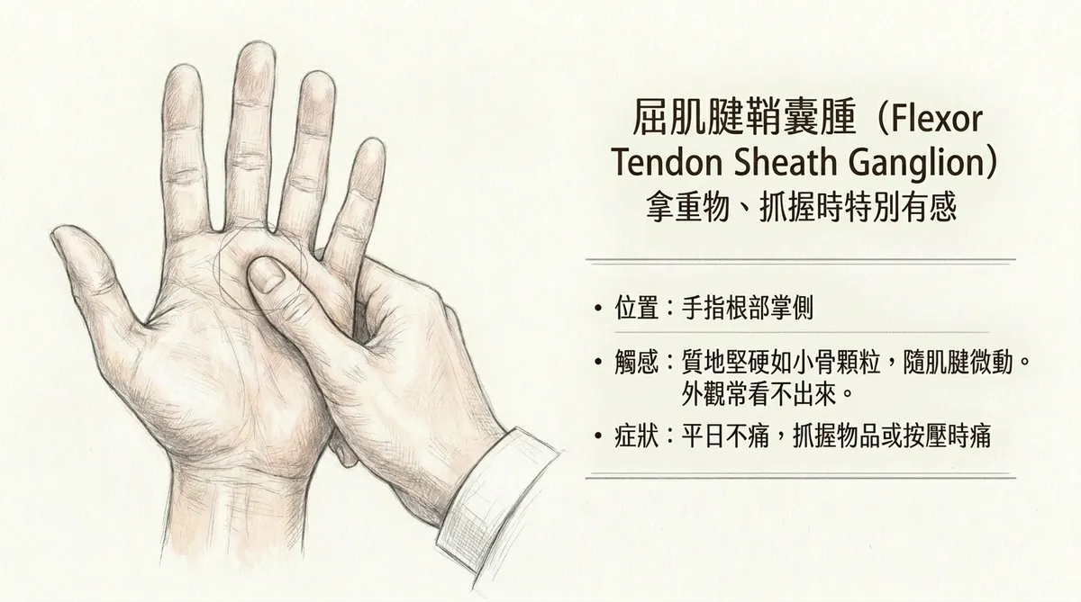 屈肌腱鞘囊腫拿重物抓握時特別有感:手指根部掌側堅硬如小骨顆粒觸診圖