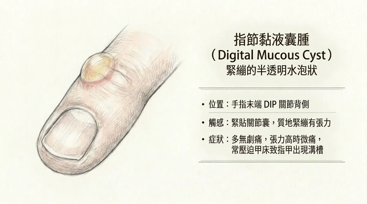 指節黏液囊腫緊繃的半透明水泡狀:手指末端DIP關節背側常壓迫甲床致指甲出現溝槽