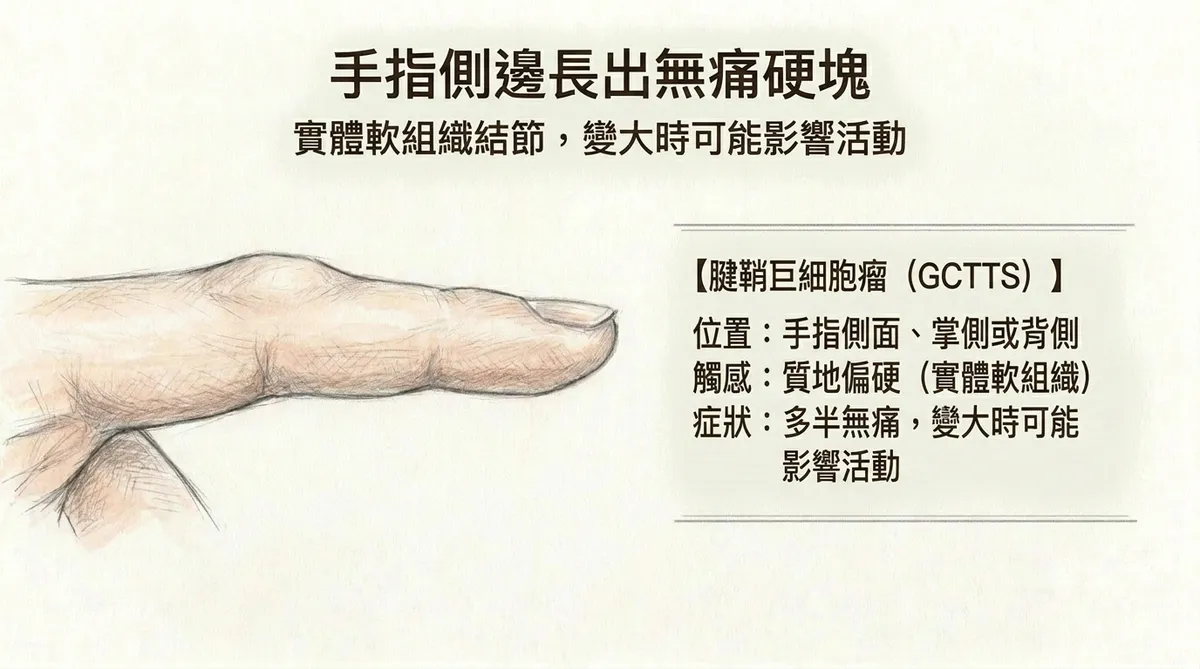 手指側邊長出無痛硬塊腱鞘巨細胞瘤:手指側面實體軟組織結節變大時可能影響活動圖解