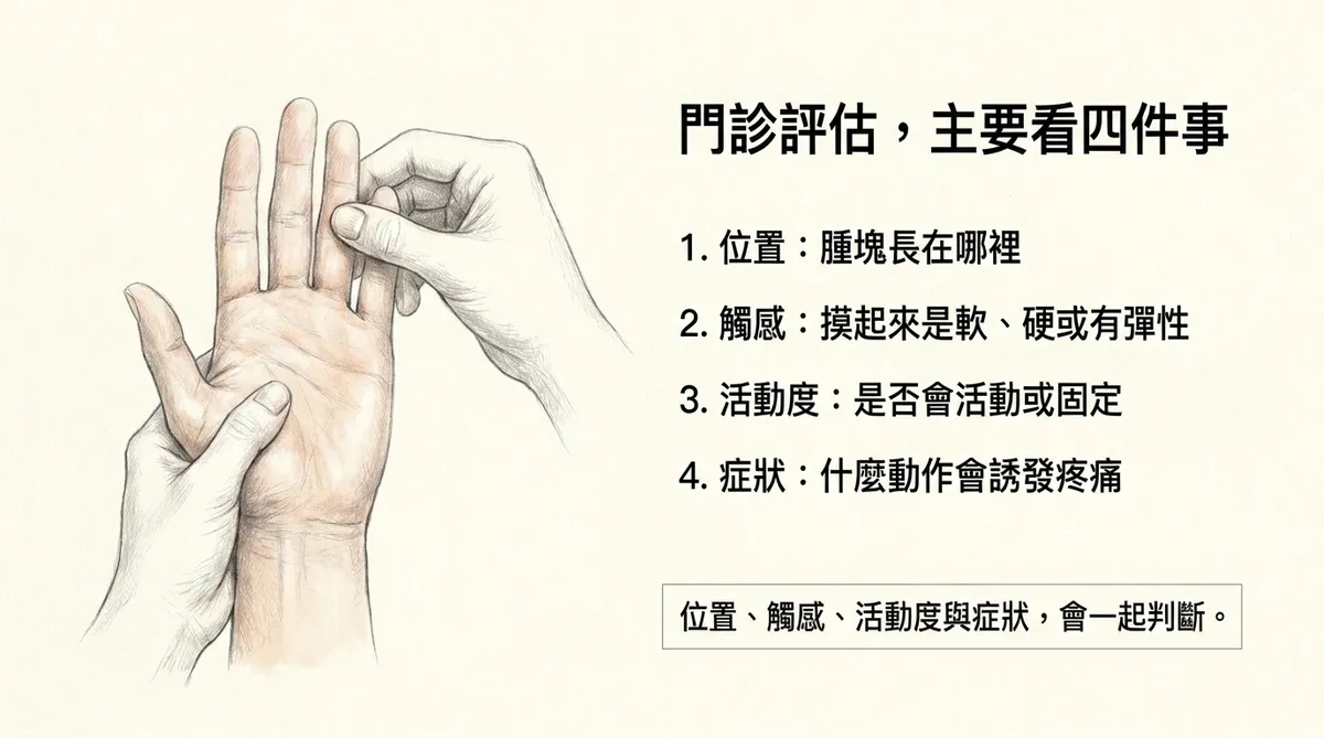 門診評估主要看四件事:1.位置、2.觸感、3.活動度與4.症狀之一併判斷觸診圖解