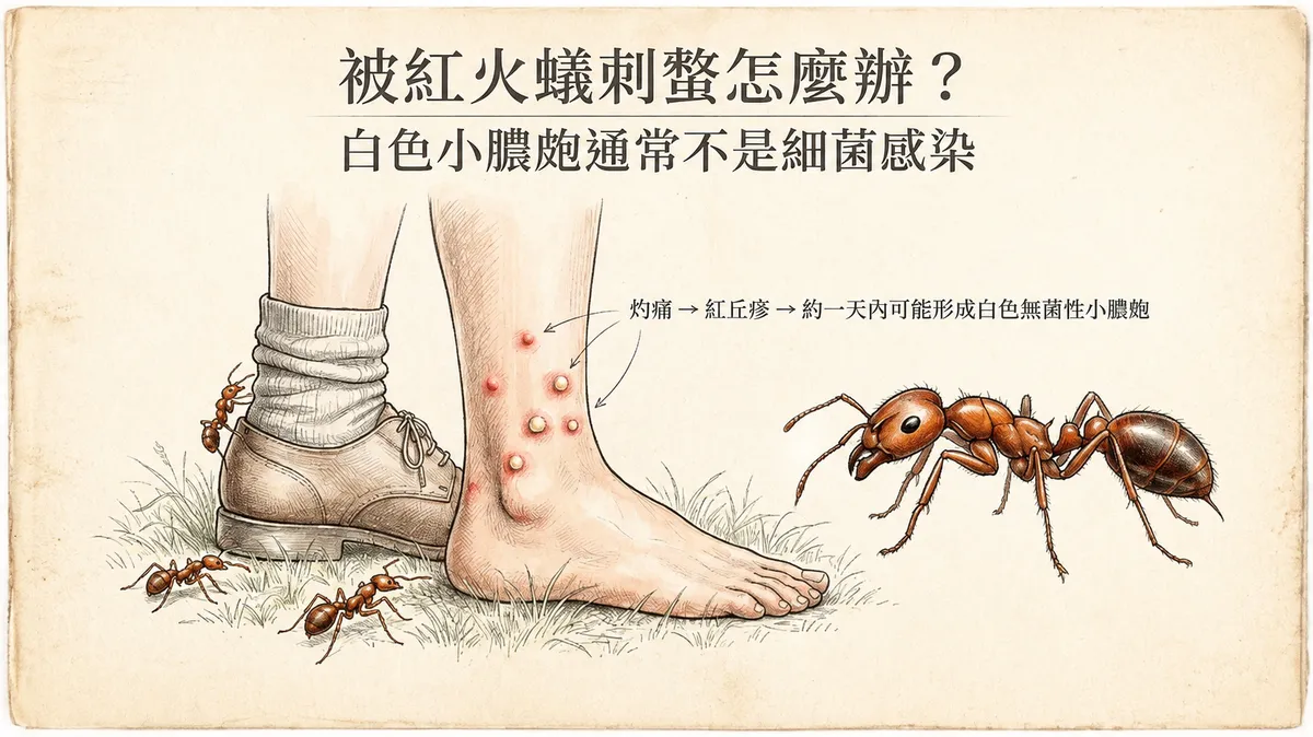 紅火蟻刺螫典型皮膚反應:足踝紅色丘疹與中央白色無菌性小膿皰示意圖