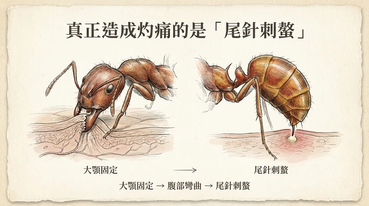 紅火蟻刺螫機轉:以大顎固定皮膚後彎曲腹部,再以尾針刺入並注入毒液