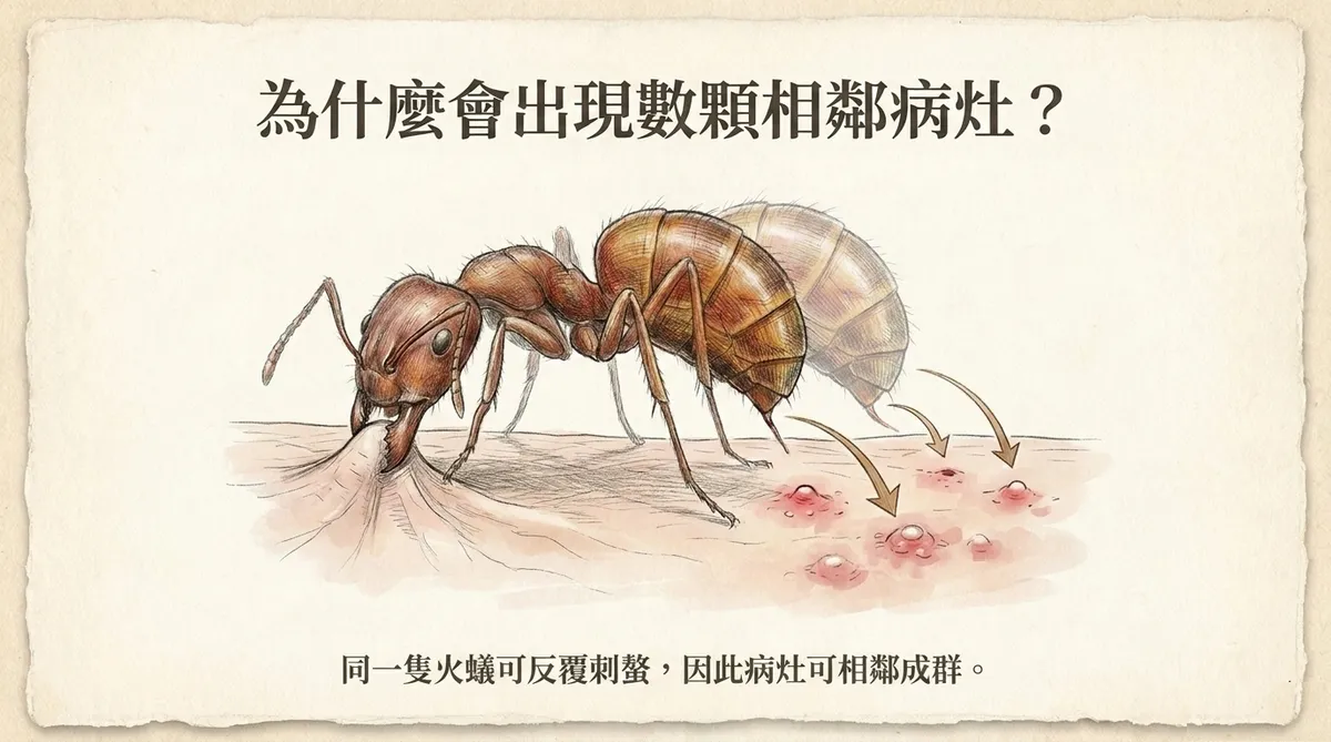 紅火蟻可反覆刺螫:同一隻火蟻可能在鄰近位置造成多個刺螫病灶