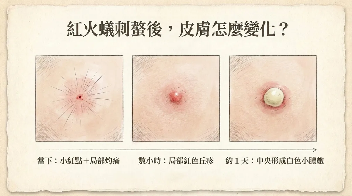 紅火蟻刺螫皮膚變化時間軸:當下灼痛紅點、數小時紅丘疹至約一天形成白色無菌性膿皰