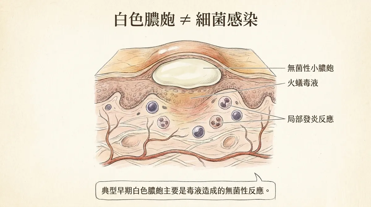 紅火蟻無菌性膿皰剖面示意：毒液引起局部發炎反應，典型早期白色膿皰並非細菌感染