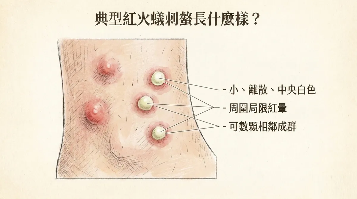 典型紅火蟻刺螫病灶:數顆離散紅色丘疹、中央白色無菌性膿皰與局限性紅暈