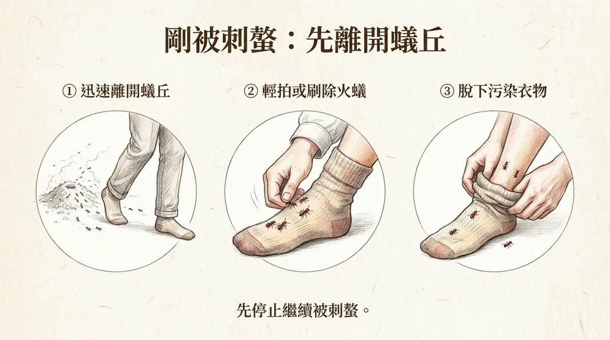 紅火蟻刺螫第一時間處理:迅速離開蟻丘、刷除附著火蟻並脫下受污染衣物