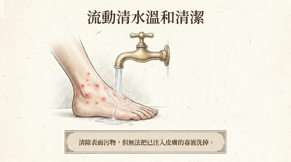 紅火蟻刺螫後以流動清水溫和清潔患部，清除表面污物但無法洗掉已注入皮膚的毒液