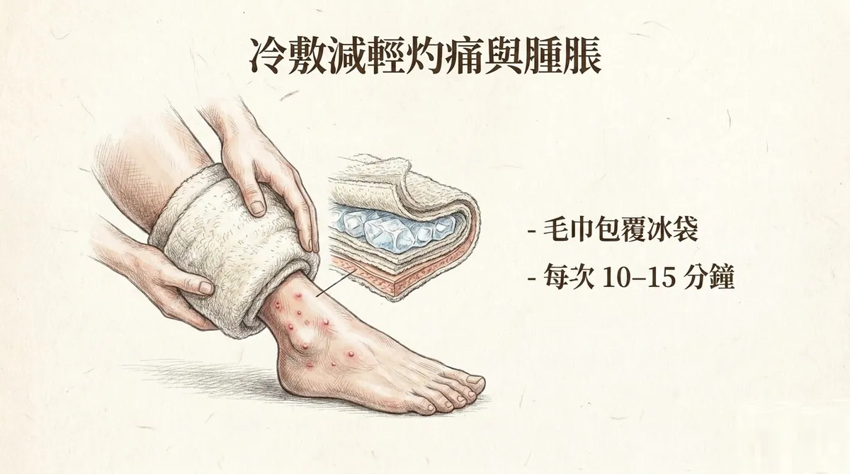 紅火蟻刺螫冷敷處理:以毛巾包覆冰敷袋每次約10至15分鐘減輕灼痛與腫脹