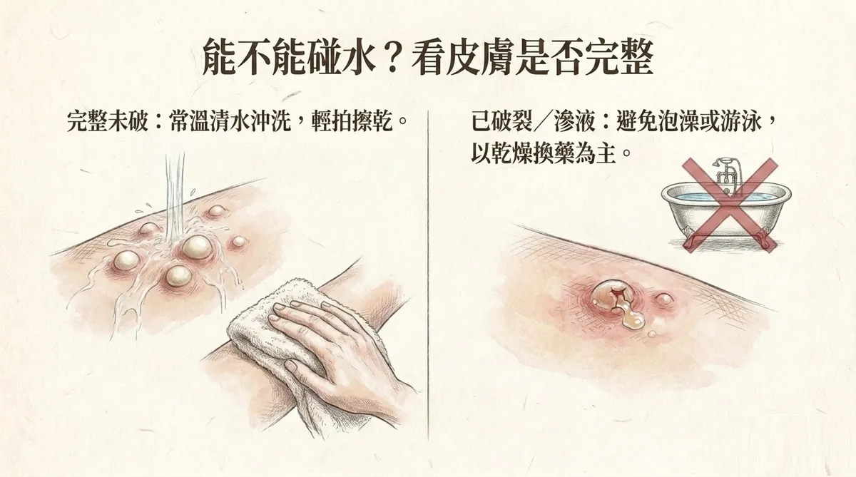 紅火蟻刺螫碰水原則:膿皰完整可快速沖洗擦乾,已破裂滲液時避免浸泡並依醫囑換藥
