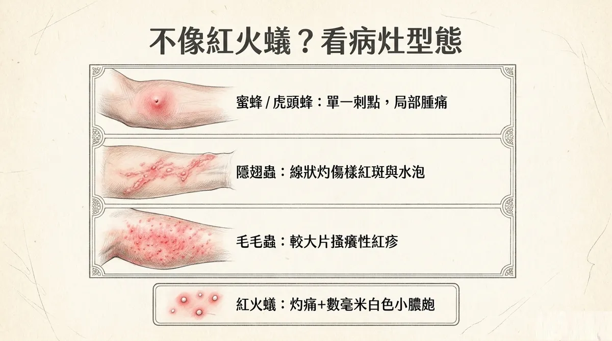 紅火蟻與其他昆蟲皮膚炎鑑別:蜜蜂虎頭蜂、隱翅蟲、毛毛蟲及紅火蟻典型病灶比較