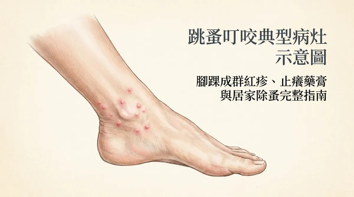 跳蚤叮咬典型皮膚病灶:腳踝與足部成群搔癢性紅色丘疹示意圖