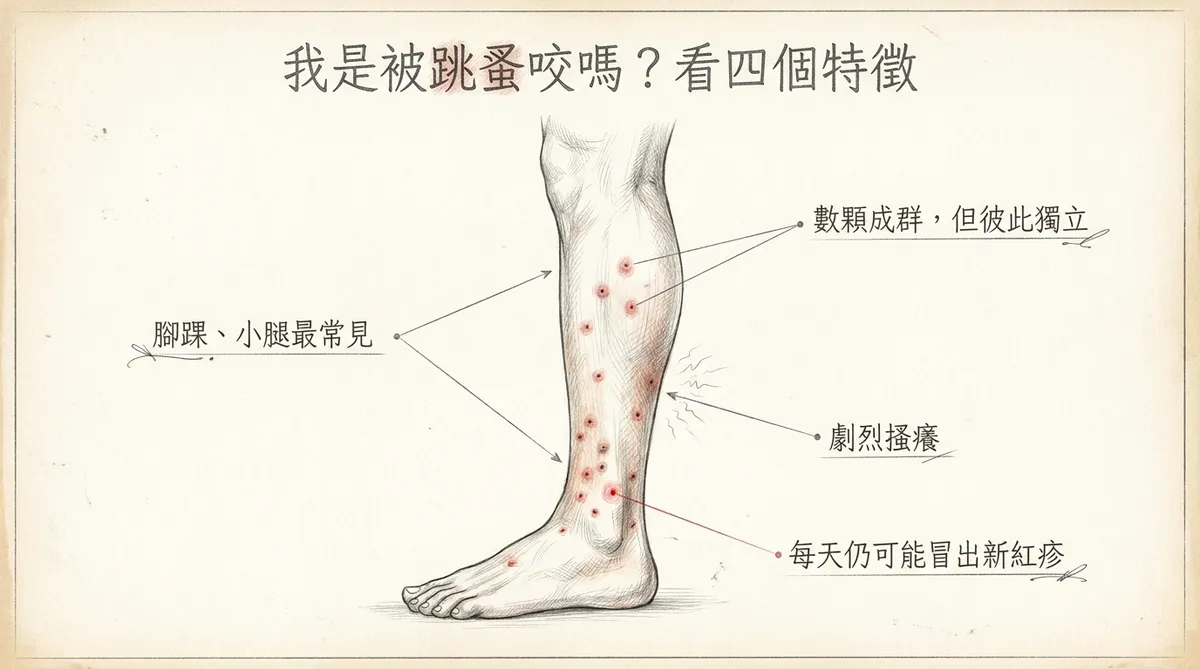 跳蚤叮咬四大特徵：腳踝小腿好發、成群丘疹、劇烈搔癢及持續出現新病灶