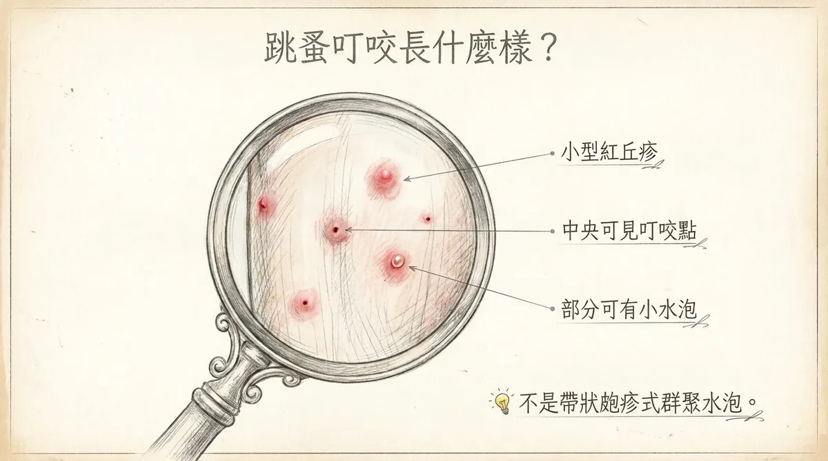 跳蚤叮咬病灶放大示意：紅色丘疹、中央叮咬點及部分表淺小水泡