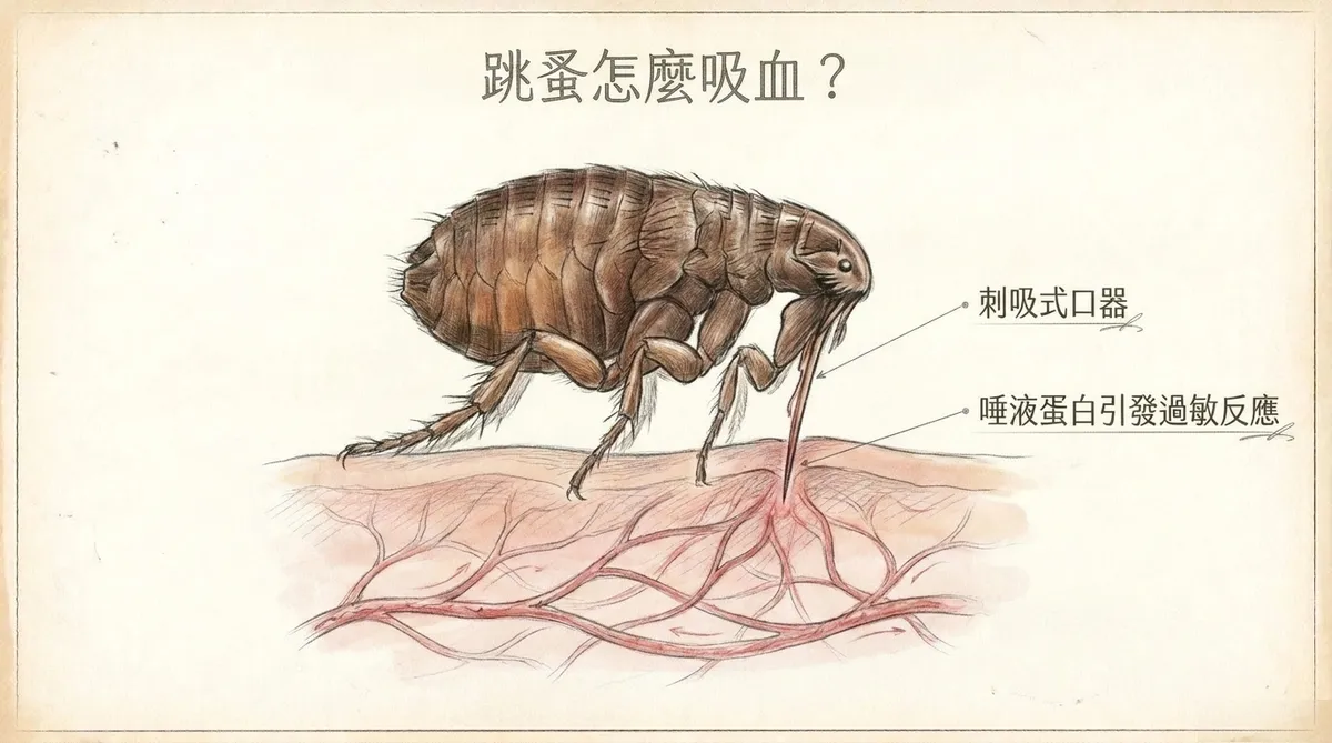 跳蚤吸血機轉示意:刺吸式口器穿透皮膚並由唾液蛋白誘發局部過敏反應