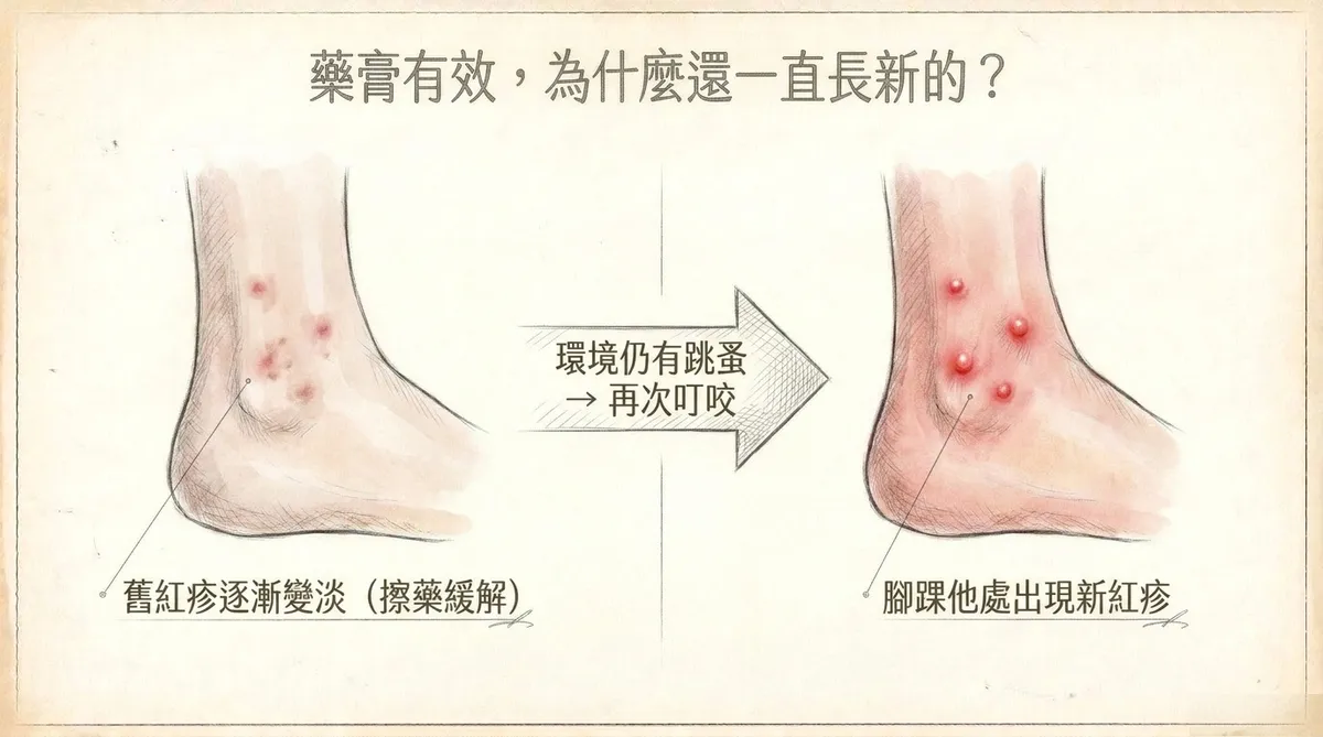 跳蚤叮咬反覆發生:藥膏可改善原有紅疹,但環境仍有跳蚤時可能在其他位置出現新病灶