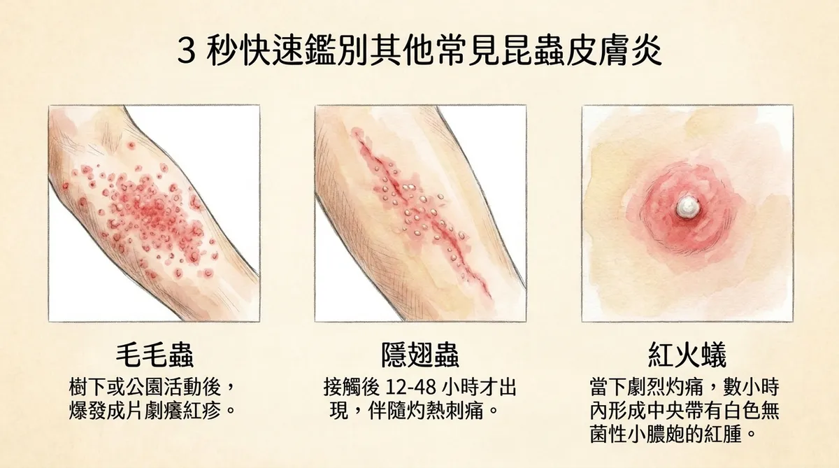 跳蚤叮咬與其他昆蟲皮膚炎快速鑑別:毛毛蟲、隱翅蟲與紅火蟻典型病灶