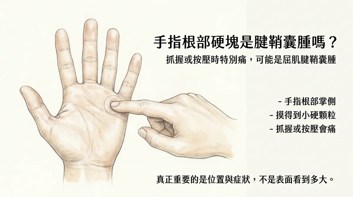 手指根部硬塊是腱鞘囊腫嗎?抓握或按壓時特別痛可能是屈肌腱鞘囊腫示意圖