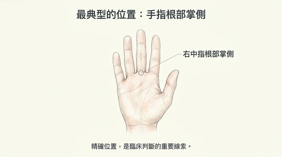 最典型的位置:手指根部掌側(如右中指根部掌側)臨床判斷線索示意圖