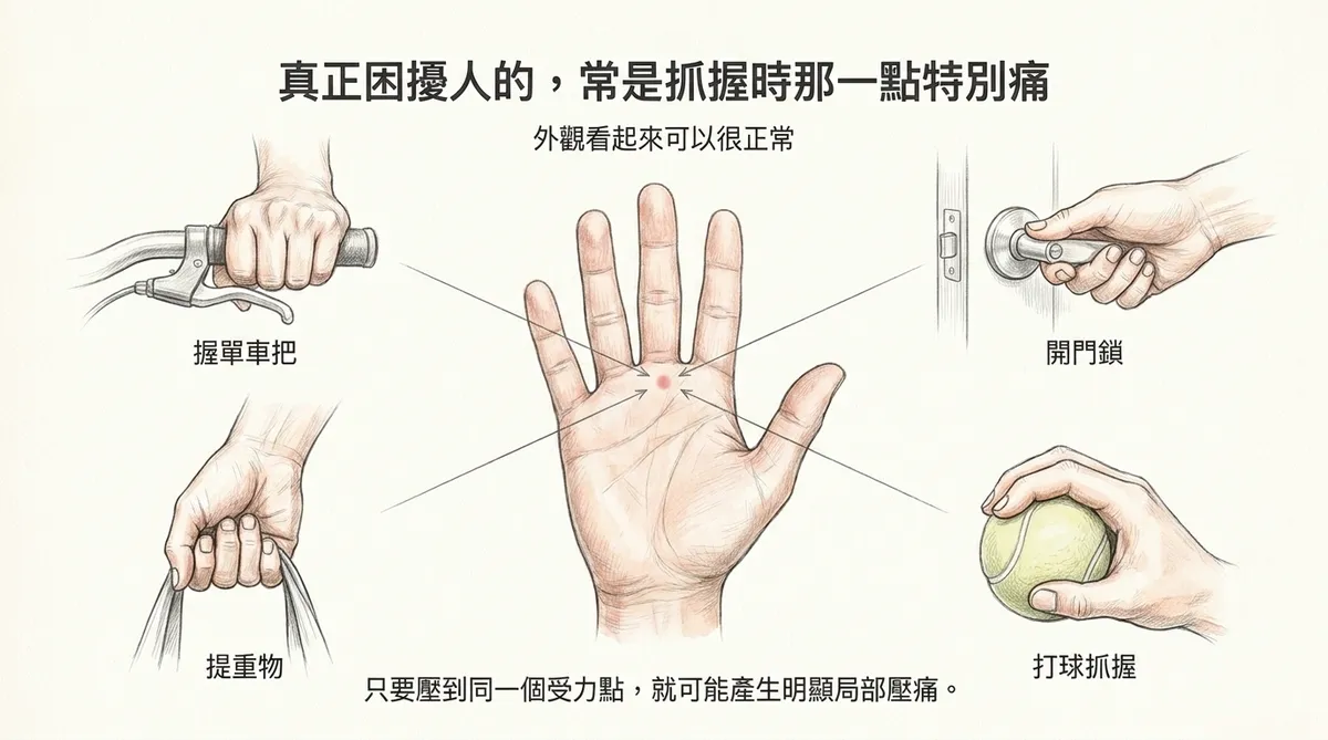 真正困擾人的是抓握時那一點特別痛:握單車把、提重物、開門鎖與打球抓握受力點圖解