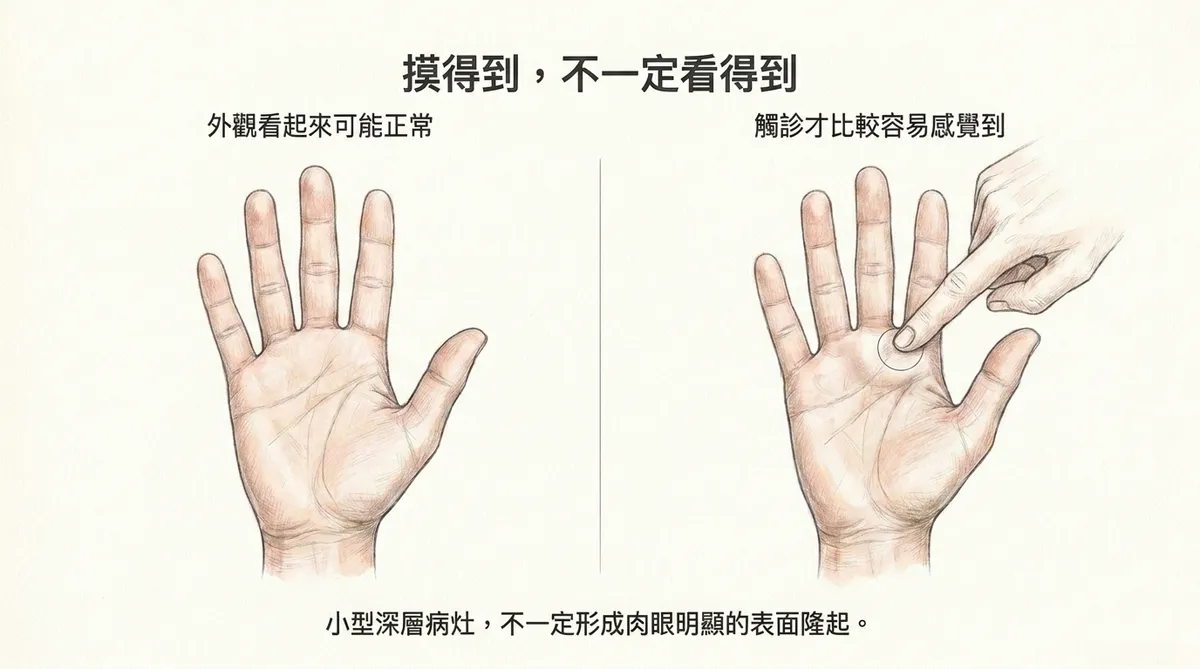 摸得到不一定看得到:外觀看起來可能正常,觸診才比較容易感覺到深層小病灶
