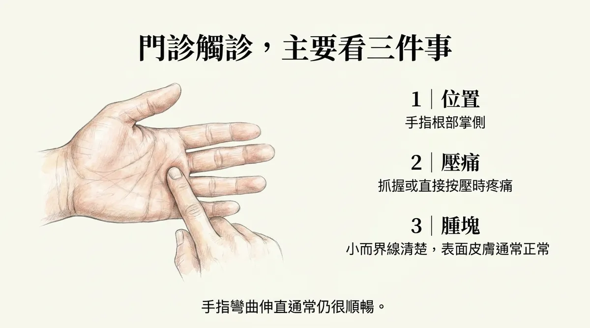 門診觸診主要看三件事:位置(手指根部掌側)、壓痛(按壓疼痛)與腫塊(小而清楚活動順暢)