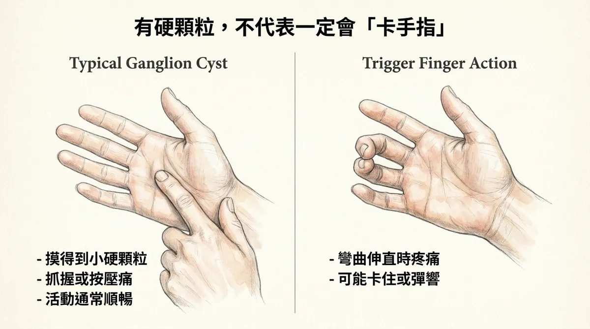 有硬顆粒不代表一定會卡手指:腱鞘囊腫活動順暢與扳機指卡住彈響動作對照圖