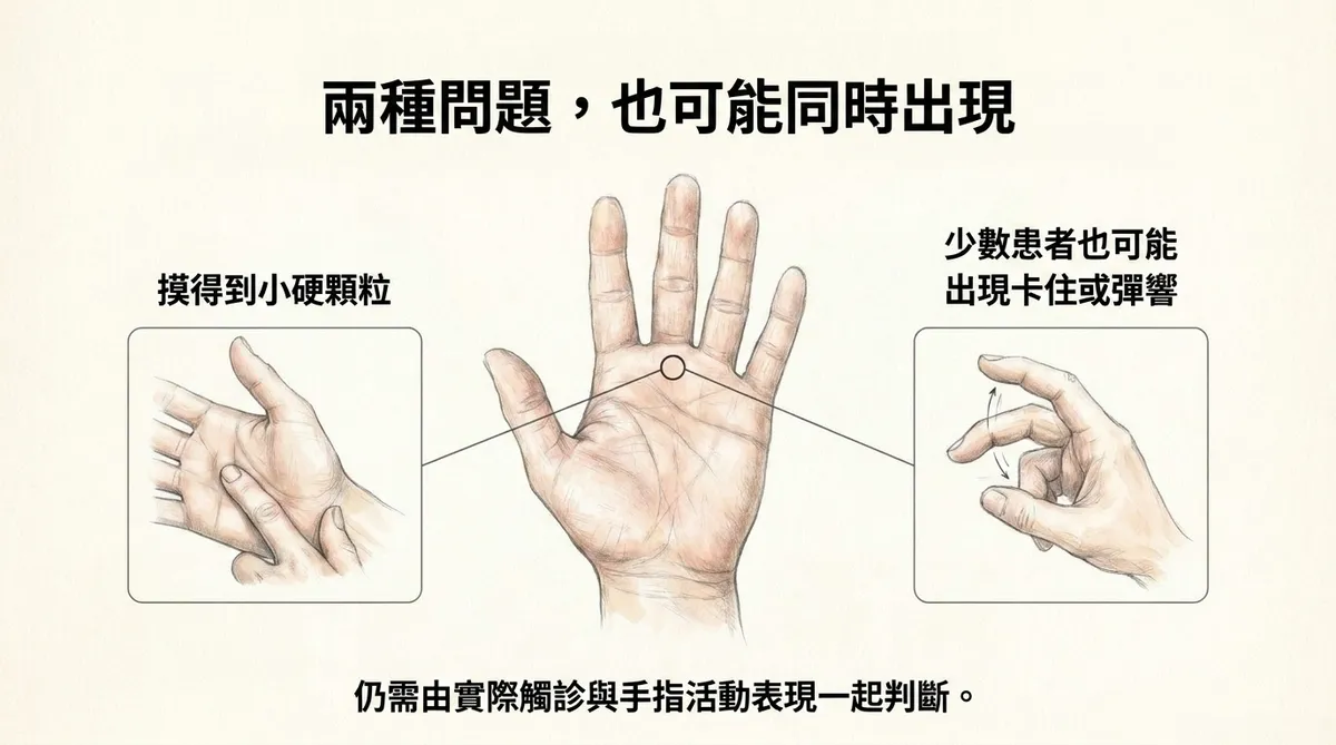 兩種問題也可能同時出現:摸得到小硬顆粒合併少數患者出現卡住彈響之觸診綜合判斷圖