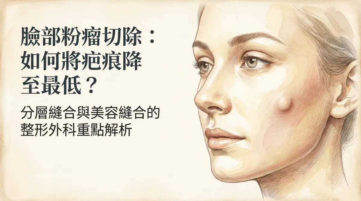 臉部粉瘤切除與疤痕控制主圖,說明切口設計、分層縫合與美容縫合的重要性