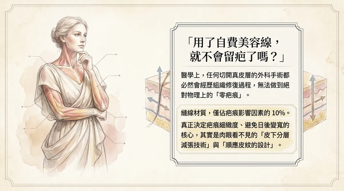 臉部粉瘤手術疤痕示意圖,說明美容縫線並非決定疤痕外觀的唯一因素