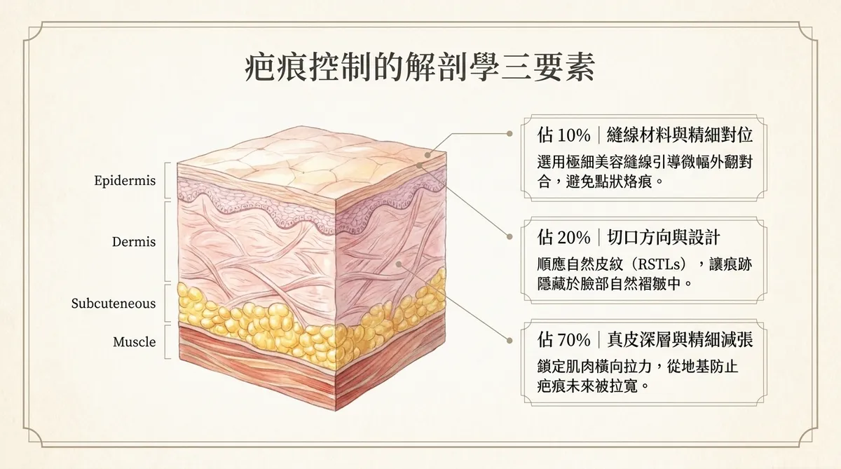 臉部手術疤痕控制解剖示意圖,呈現縫線對位、切口方向與深層減張的重要性