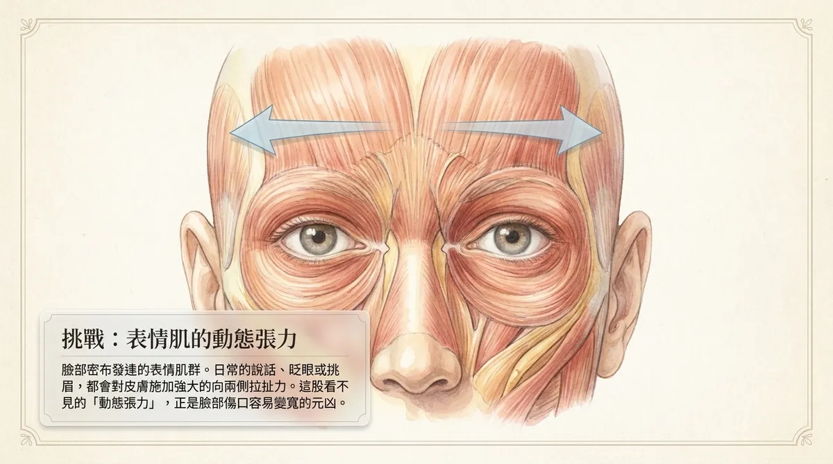 臉部表情肌動態張力示意圖,說明額頭與眼周傷口容易受到肌肉拉扯