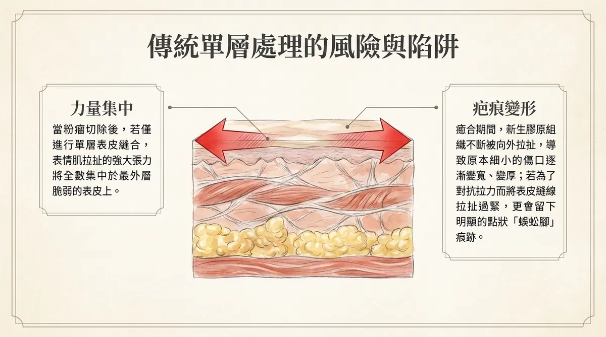 單層表皮縫合張力集中示意圖,說明疤痕變寬與縫線點狀痕跡形成原因