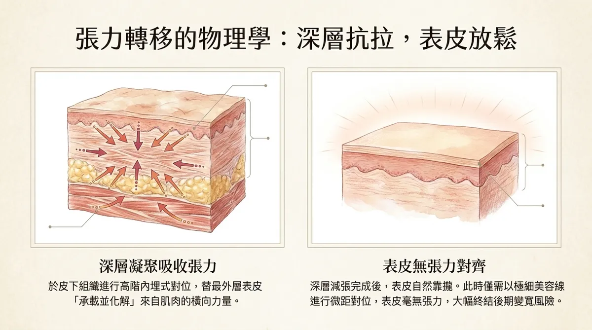 分層減張縫合張力轉移示意圖,呈現深層承受張力與表皮低張力對合