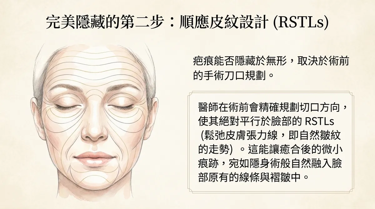 臉部鬆弛皮膚張力線 RSTLs 示意圖,說明順應自然皮紋進行切口設計
