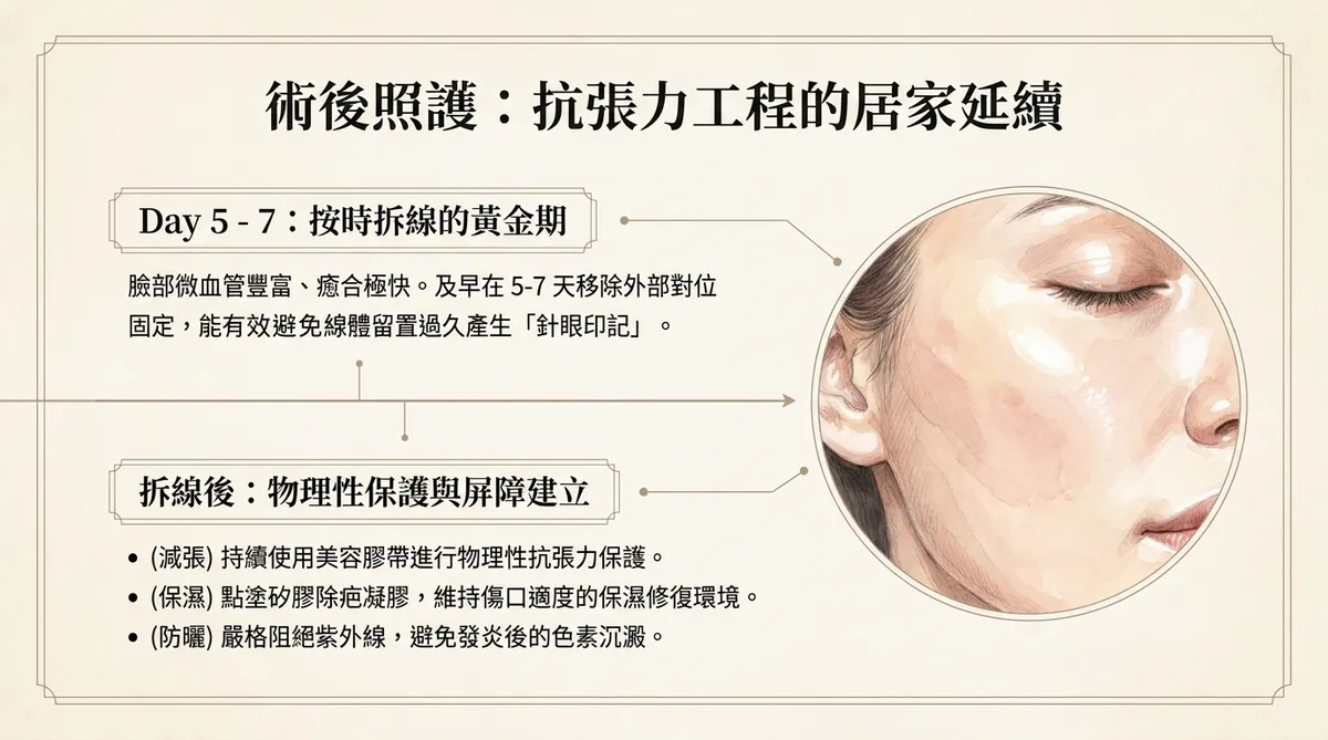 臉部粉瘤手術拆線後疤痕照護示意圖,包含減張、矽膠與防曬