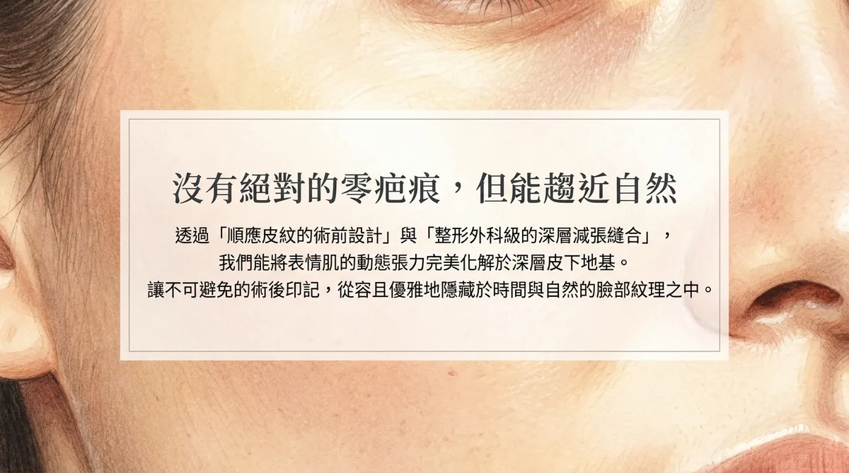 臉部手術無法完全零疤痕但可透過切口設計與深層減張使疤痕趨近自然