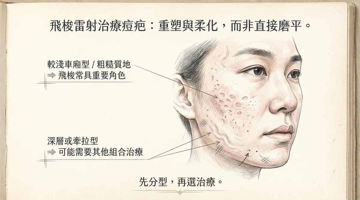 飛梭雷射治療痘疤重塑與柔化機制:淺車廂型與粗糙質地適合,深層牽拉型需組合治療
