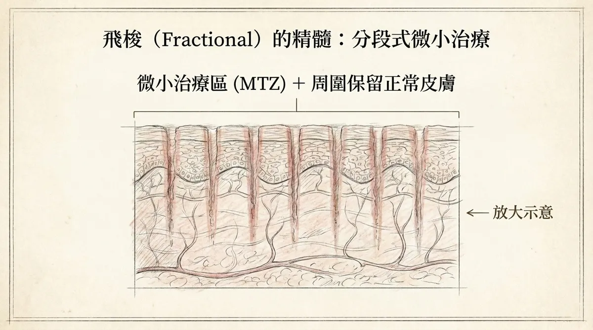 飛梭Fractional分段式微小治療精髓:微小治療區MTZ與周圍保留正常皮膚示意圖