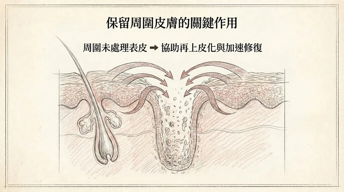 保留周圍皮膚的關鍵作用:周圍未處理表皮協助再上皮化與加速修復機制