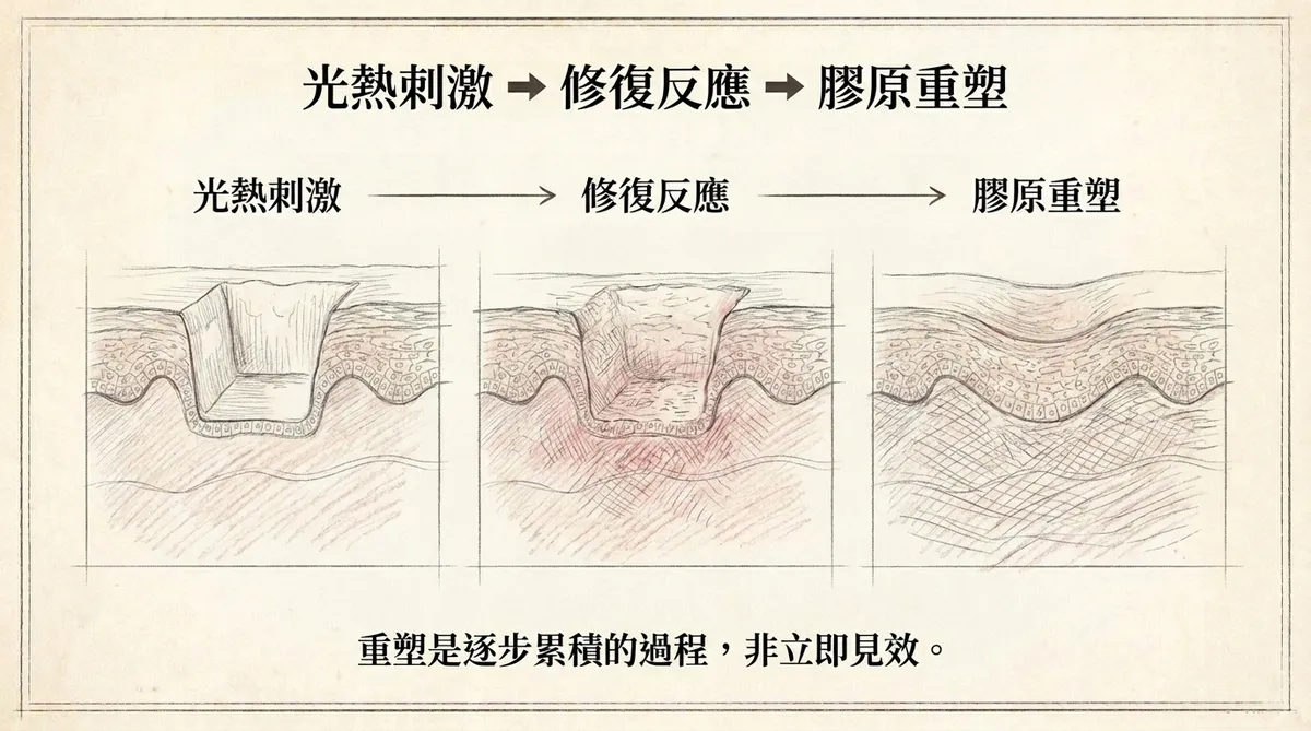 光熱刺激引發修復反應與膠原重塑過程示意圖:重塑為逐步累積過程