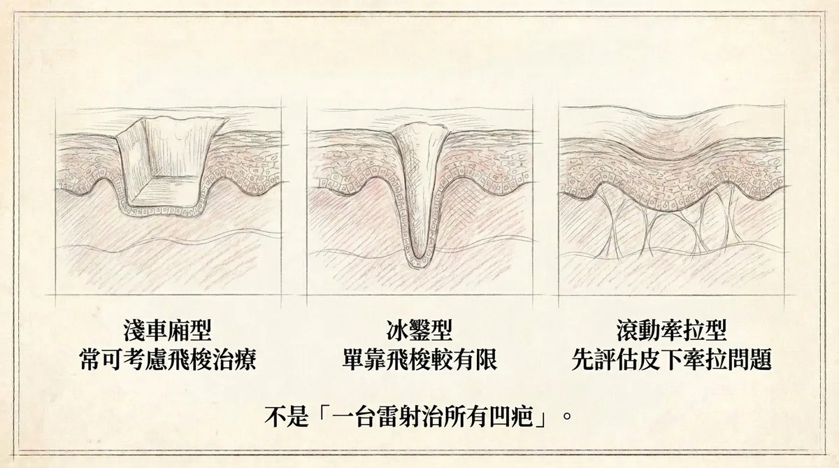 各類型凹痘疤治療對照:淺車廂型適合飛梭,冰鑿型單靠飛梭有限,滾動型需先評估皮下牽拉