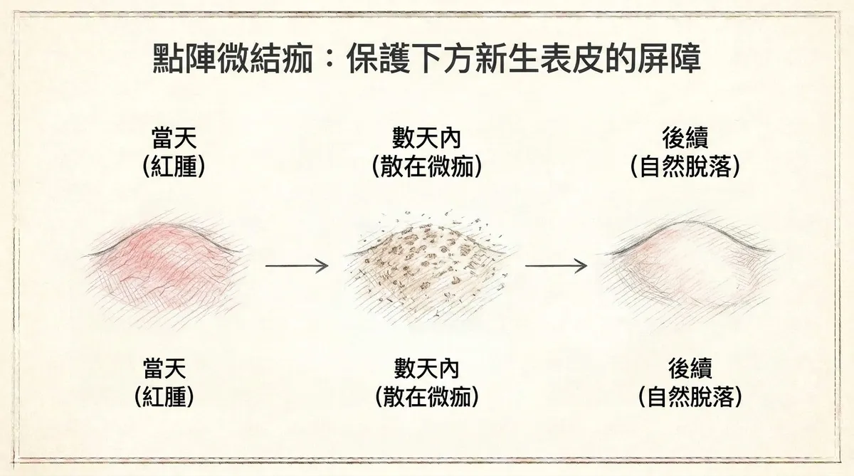 點陣微結痂修復過程:當天紅腫、數天內微痂至後續自然脫落保護新生表皮