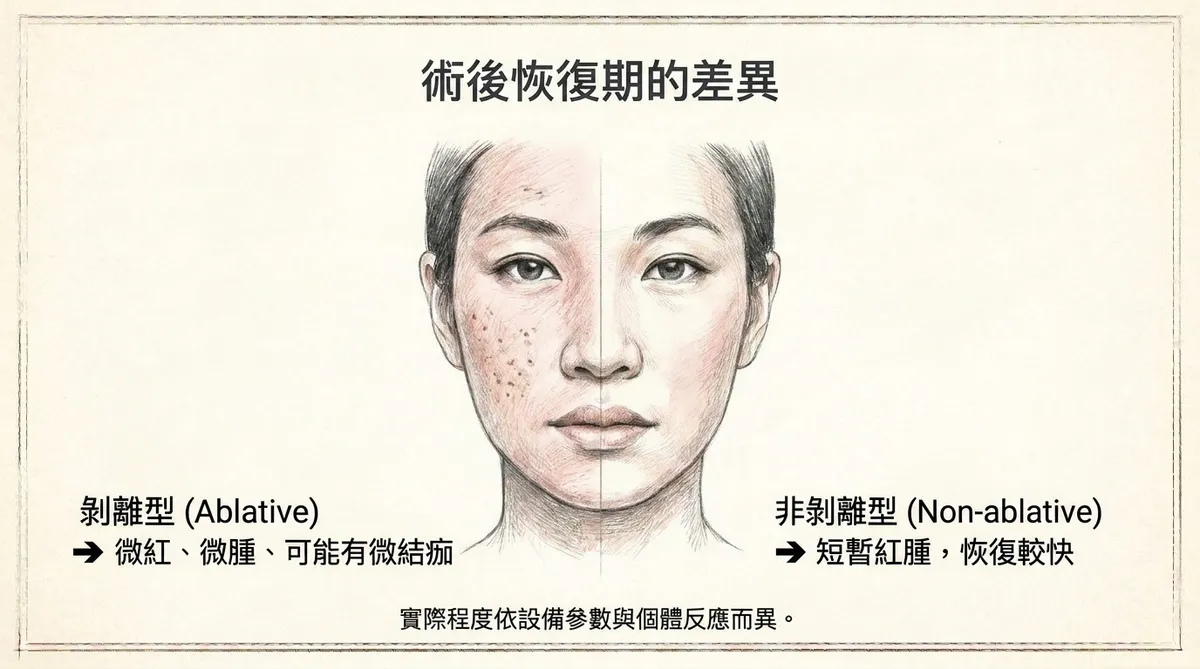 剝離型與非剝離型飛梭雷射術後恢復期差異比較圖
