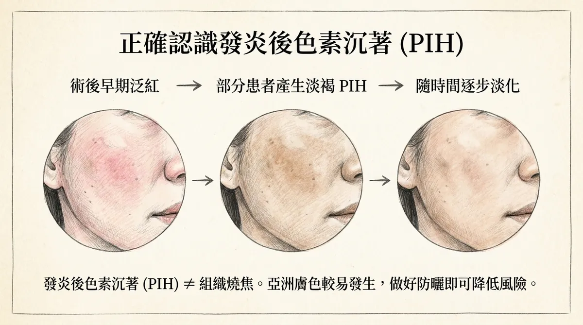 正確認識發炎後色素沉著PIH:術後泛紅、淡褐PIH至隨時間逐步淡化之歷程
